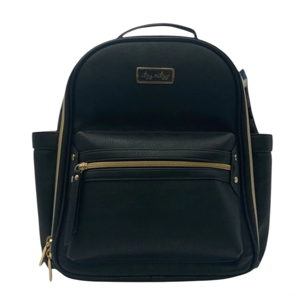ITZY RITZY Mini Vegan Leather Diaper Bag Backpack in Classic Black - Picture 2 of 9